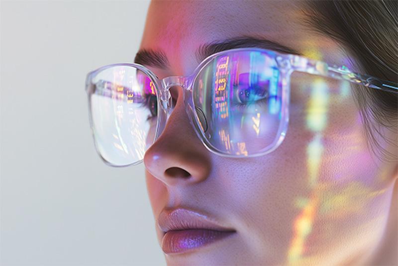 Frau mit Spiegelung in Brille Frau mit Spiegelung in Brille